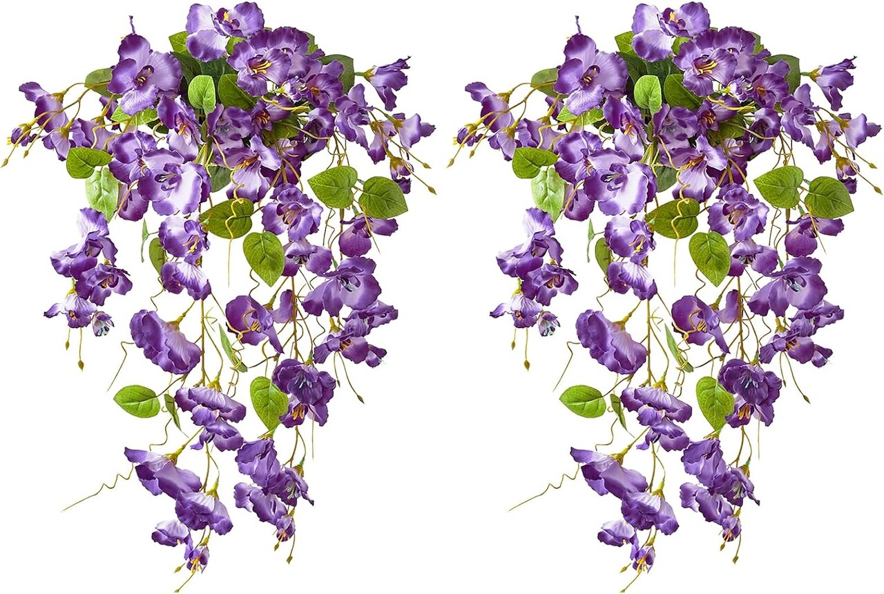 2Pcs Purple Artificial Silk Hibiscus Flower Hanging Decorations, UV Resistant Outdoor Faux Hibiscus Flowers for Home Outdoor Artificial Flower Decorations